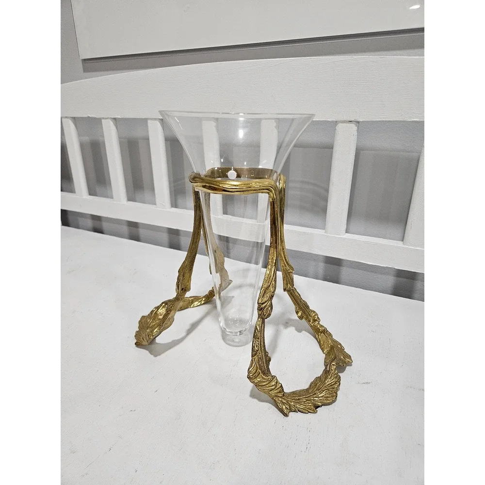 Vtg Bombay Co. Floating Glass Vase w/Ornate Gold Leaf Metal Stand 11
